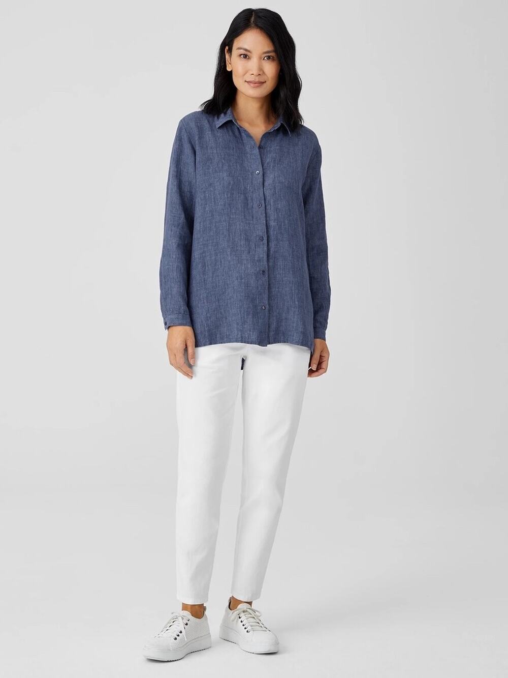 Eileen Fisher Womens Button Down Shirt PM Organic Linen Delave Heather Navy